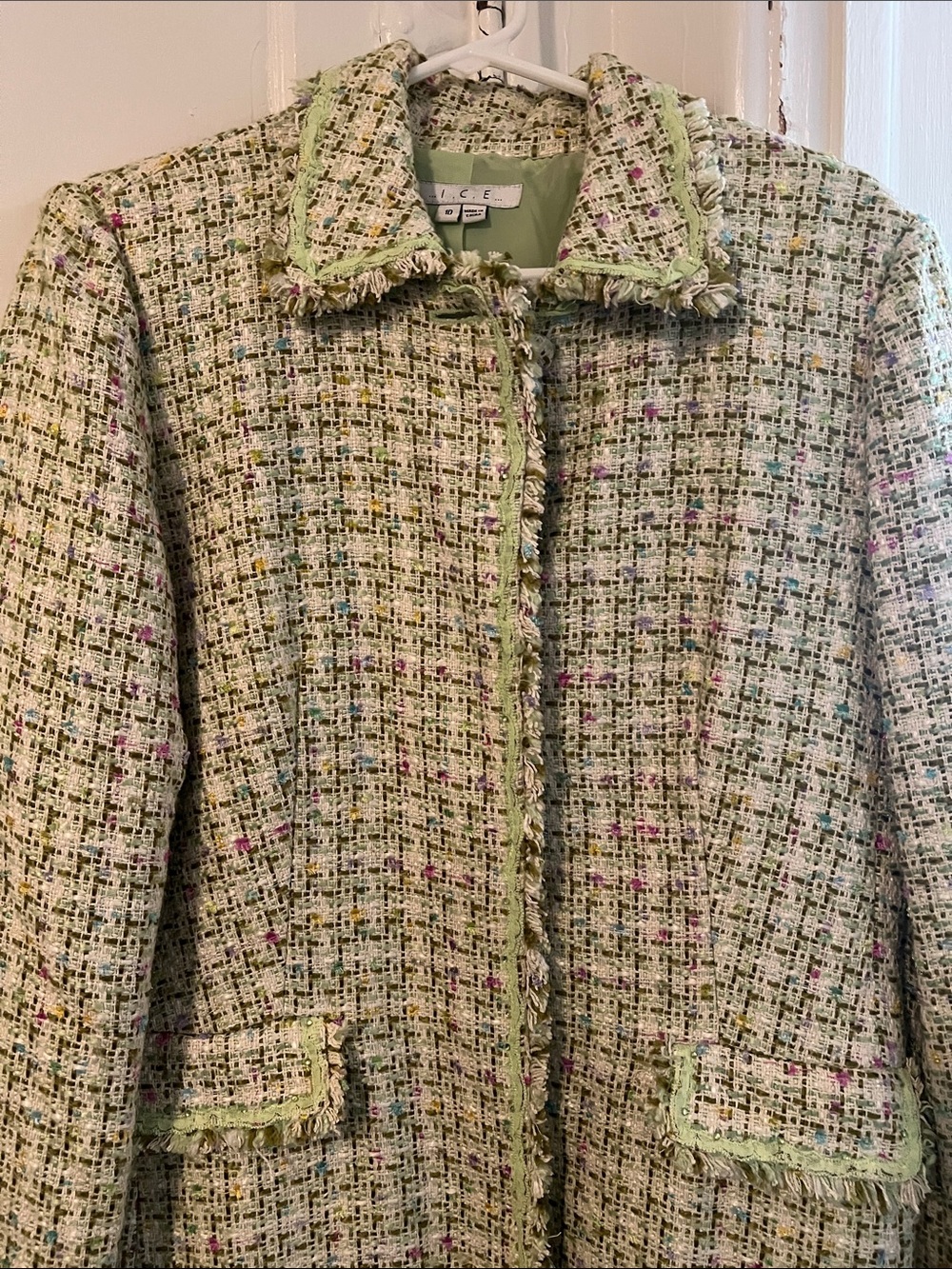 Ice Light Green Tweed Fringe Blazer with Multicolor Flecks